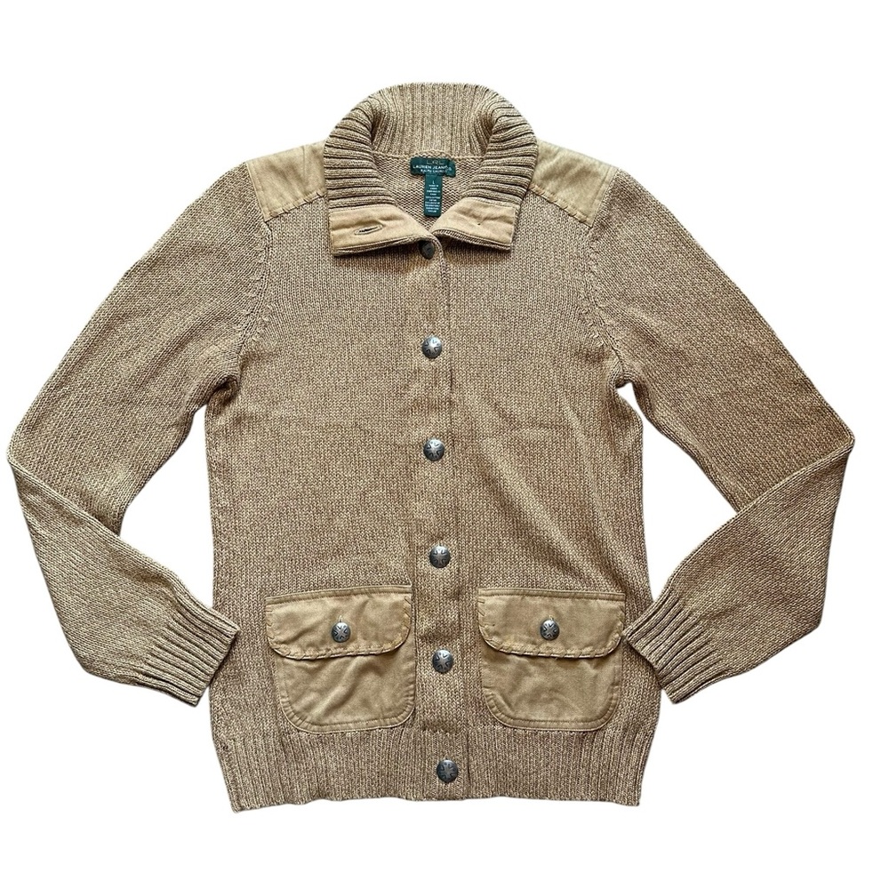 Lauren Jeans Co. Ralph Lauren Yellow Tan Knit Cardigan Sweater L - Picture 2 of 7